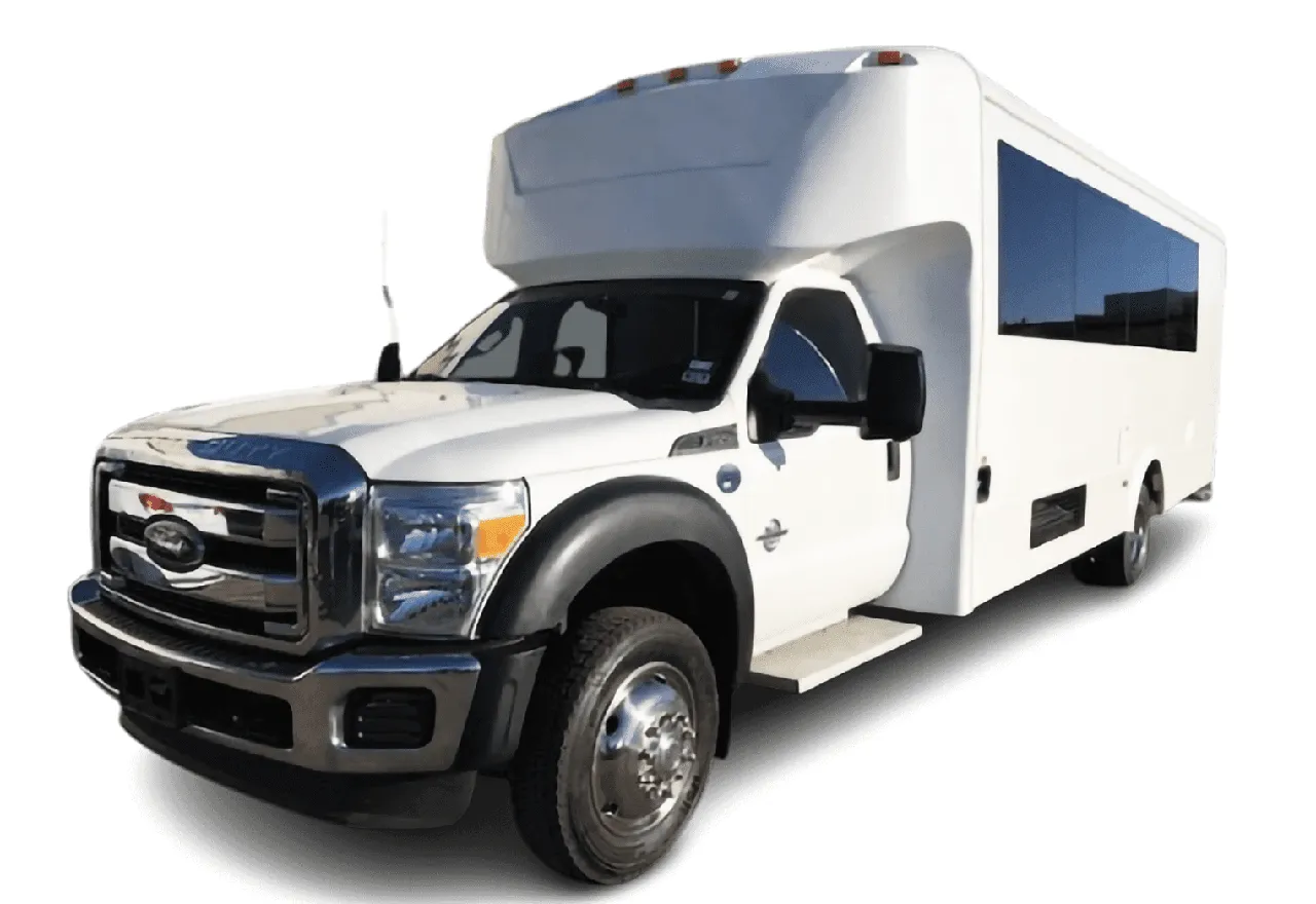 From outside of the white 25 Passenger Party Bus