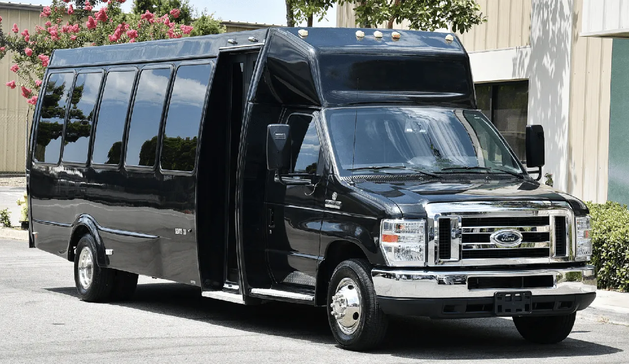 Black 20 Passenger Party Bus exterior for party bus rental in Golden, CO
