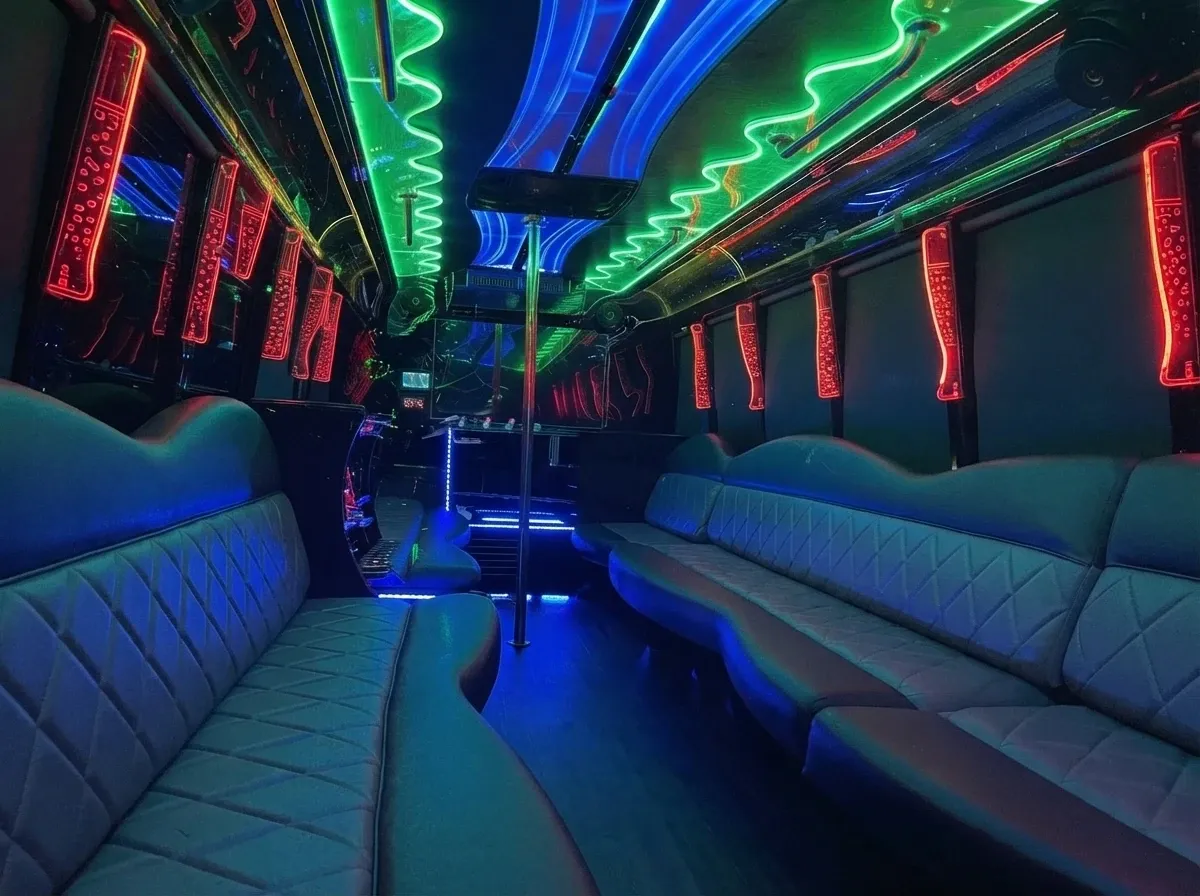 The white 30 Passenger Party Bus, ready to rent