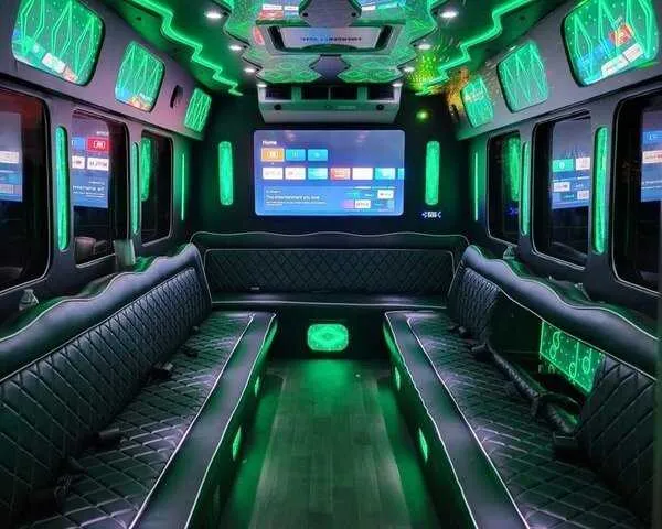 Ford F550 Party Bus interior with perimeter lounge seating, LED accent lighting and LED ceiling lighting for party bus rental in Dallas, TX