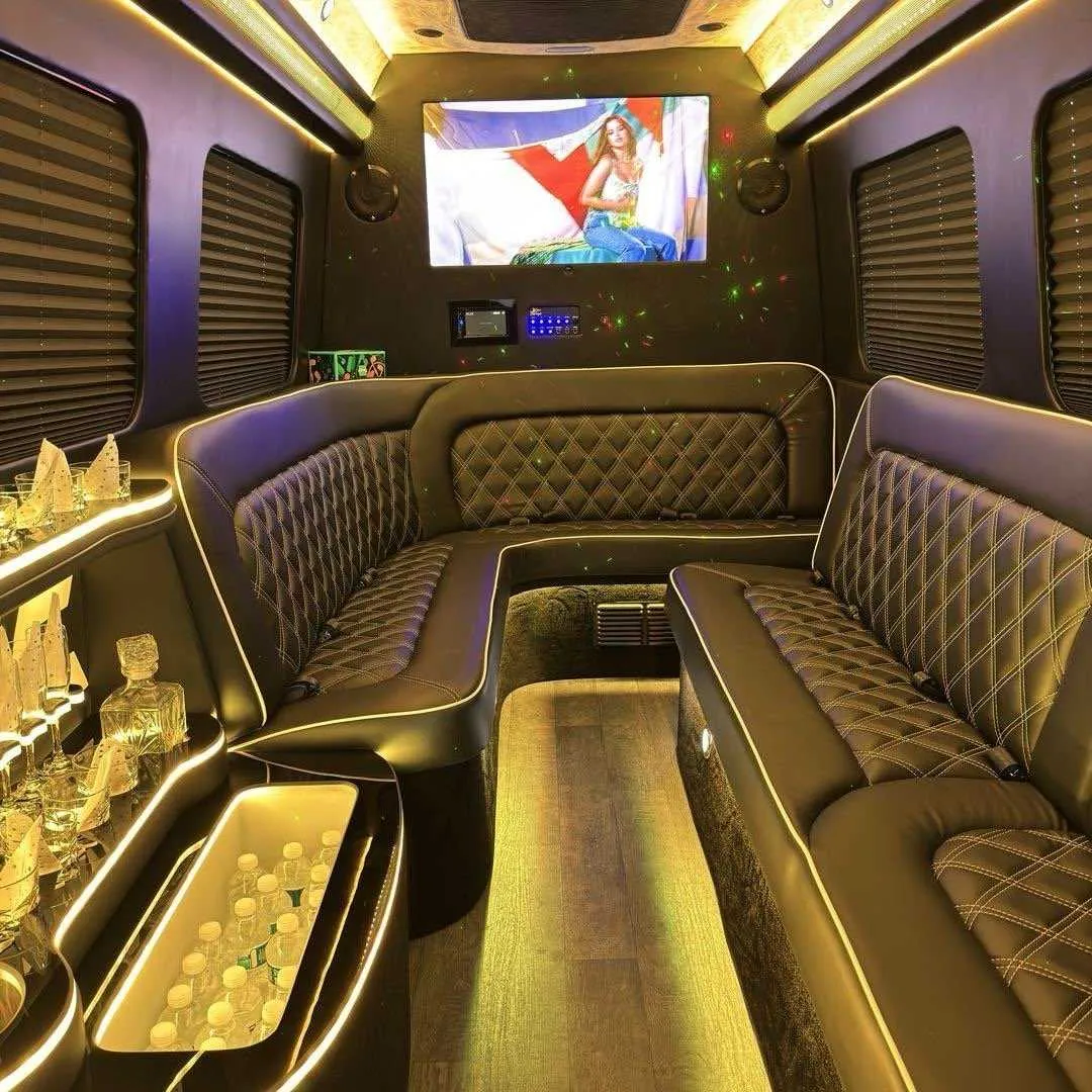 12 Passenger Party Limo Sprinter interior with sofa-style seating, window shades and LED accent lighting for party bus rental in Elverta, CA