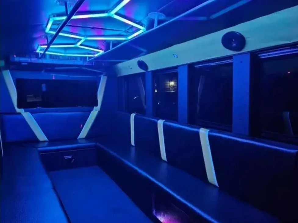 The white Party Time Bus, ready to rent