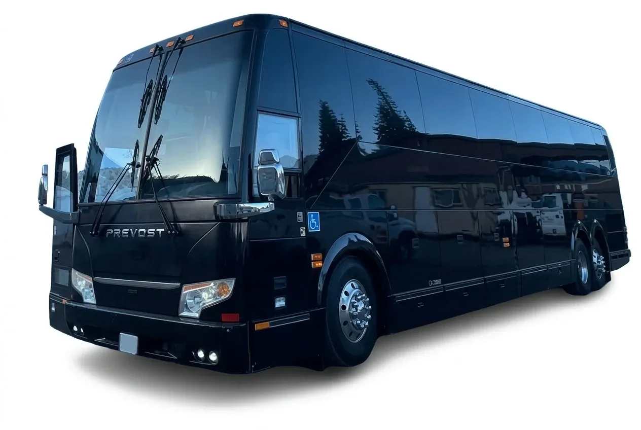The black Prevost Motorcoach, ready to rent