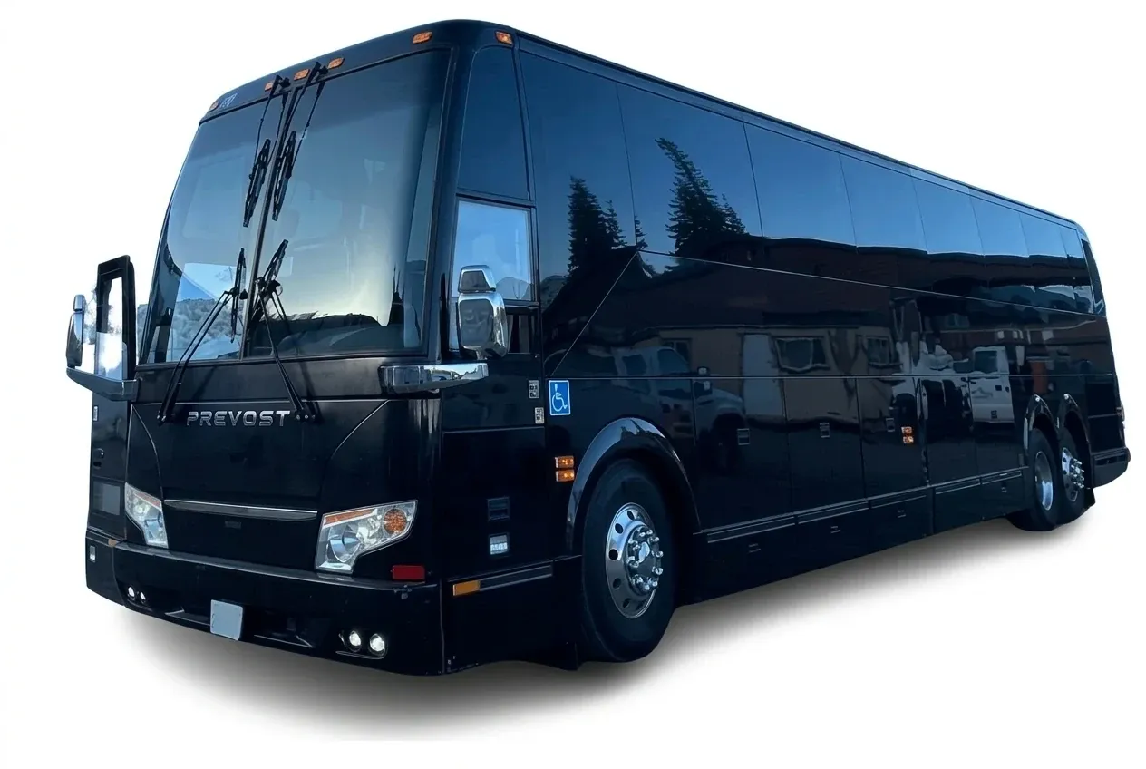 The black Prevost Motorcoach, ready to rent