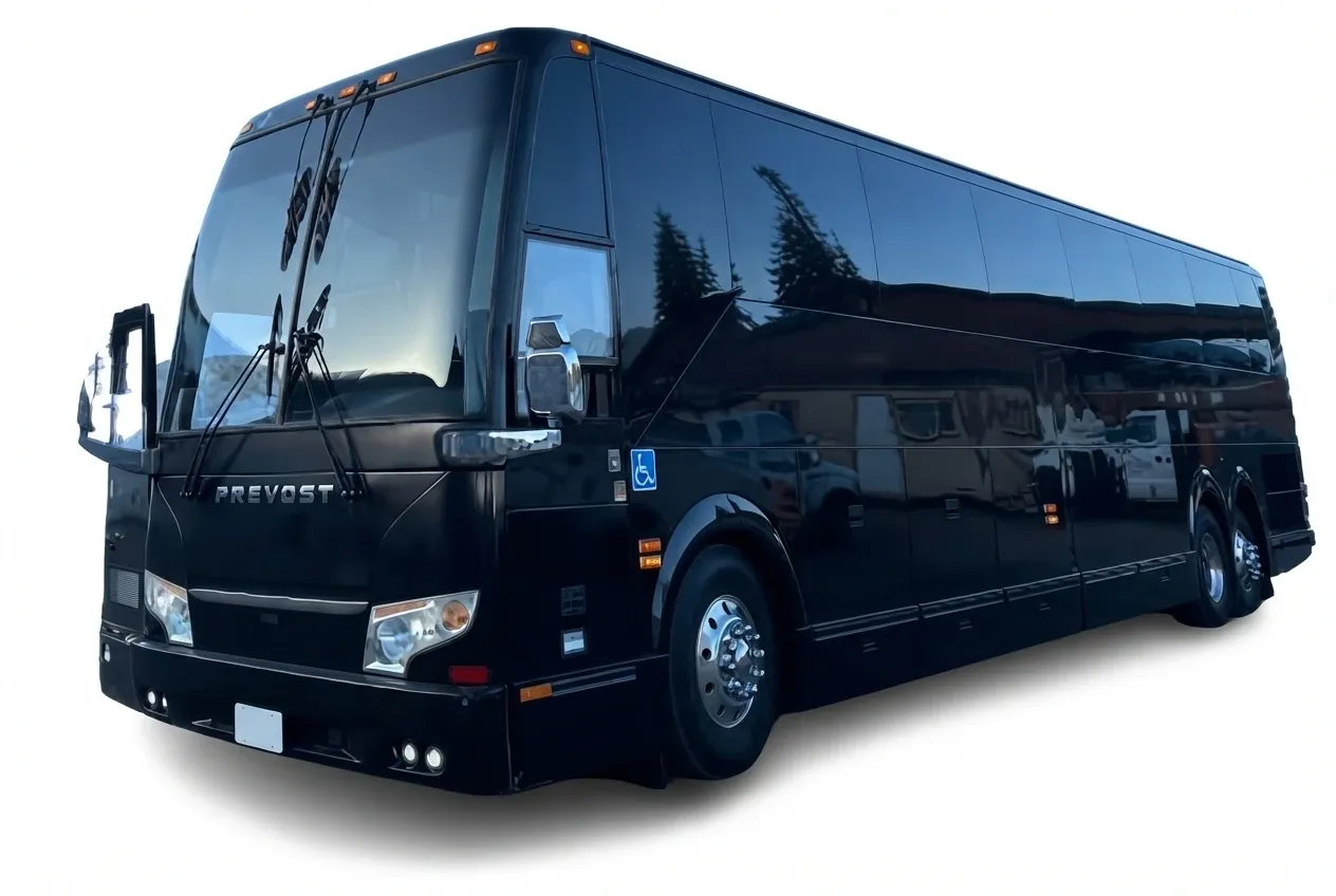 The black Prevost Motorcoach, ready to rent