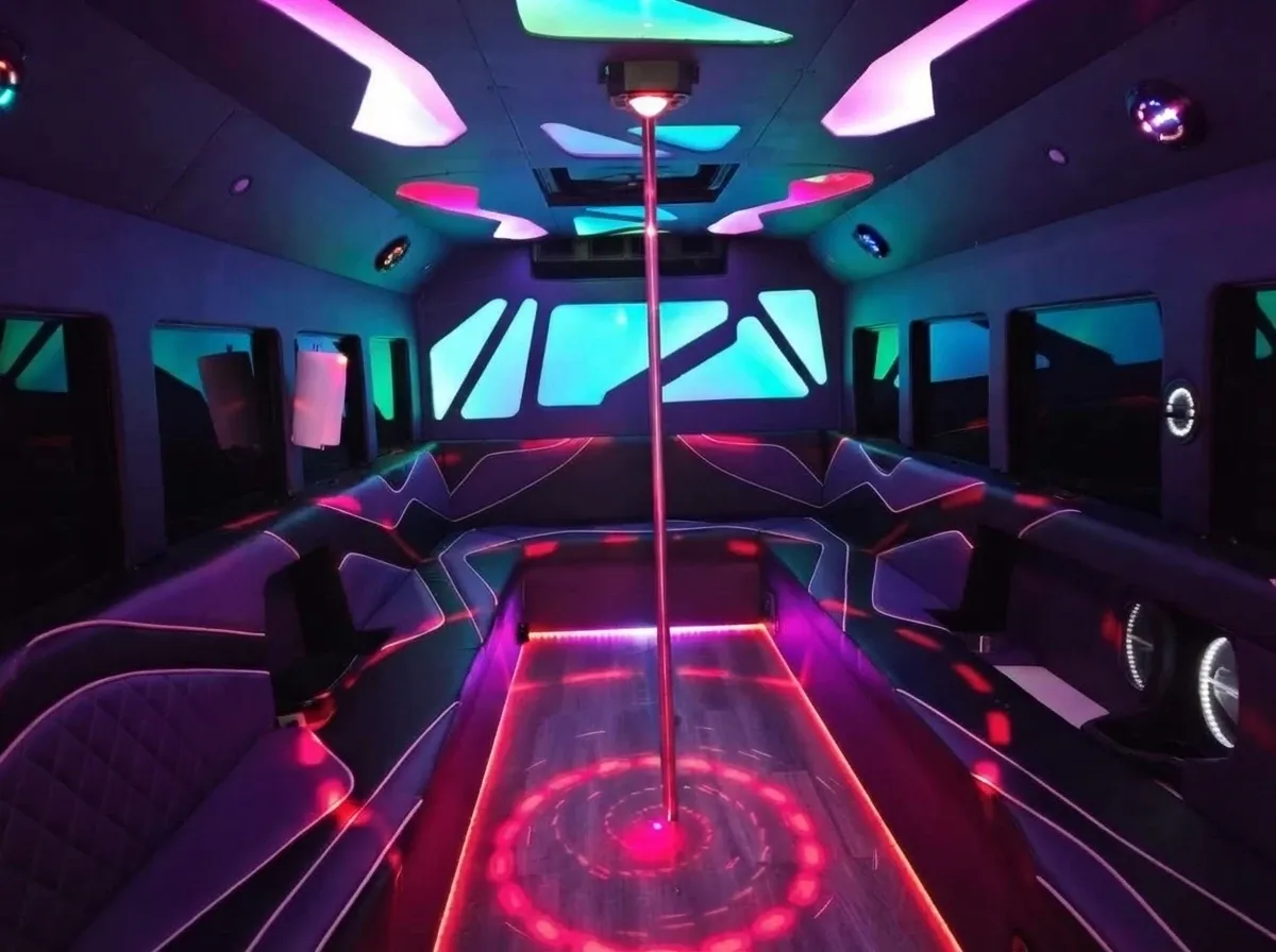 The white Purpleline Party Bus, shot 2