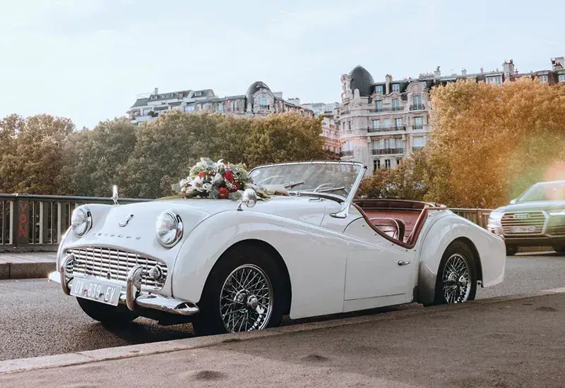 Classic convertible dressed for a wedding for wedding car rental in Loyalton, CA
